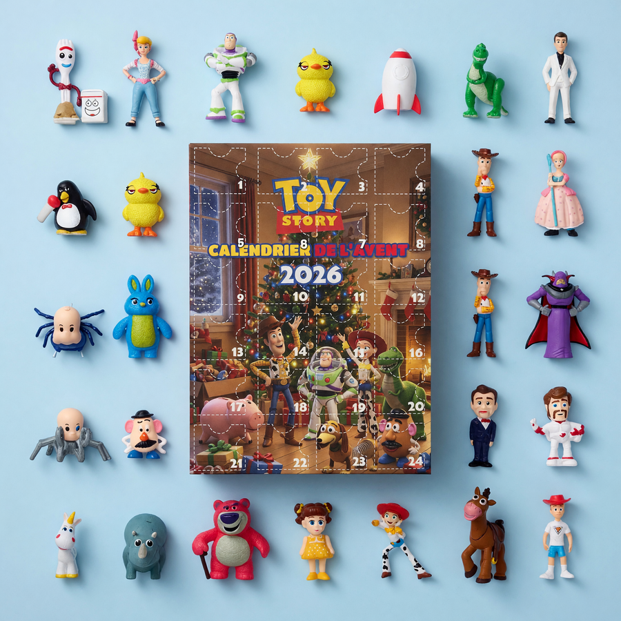 Toutes les figurines du calendrier ToyBox étalées autour de la boîte